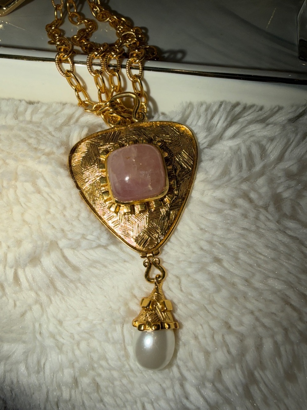 Julie Vos Gold Vintage Pendant Necklace with Pink Stone and Pearl drop